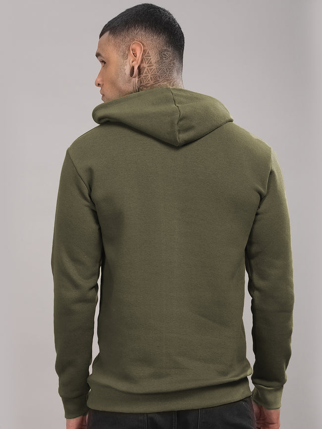 Men Olive Cotton Fleece Printed Hoodie