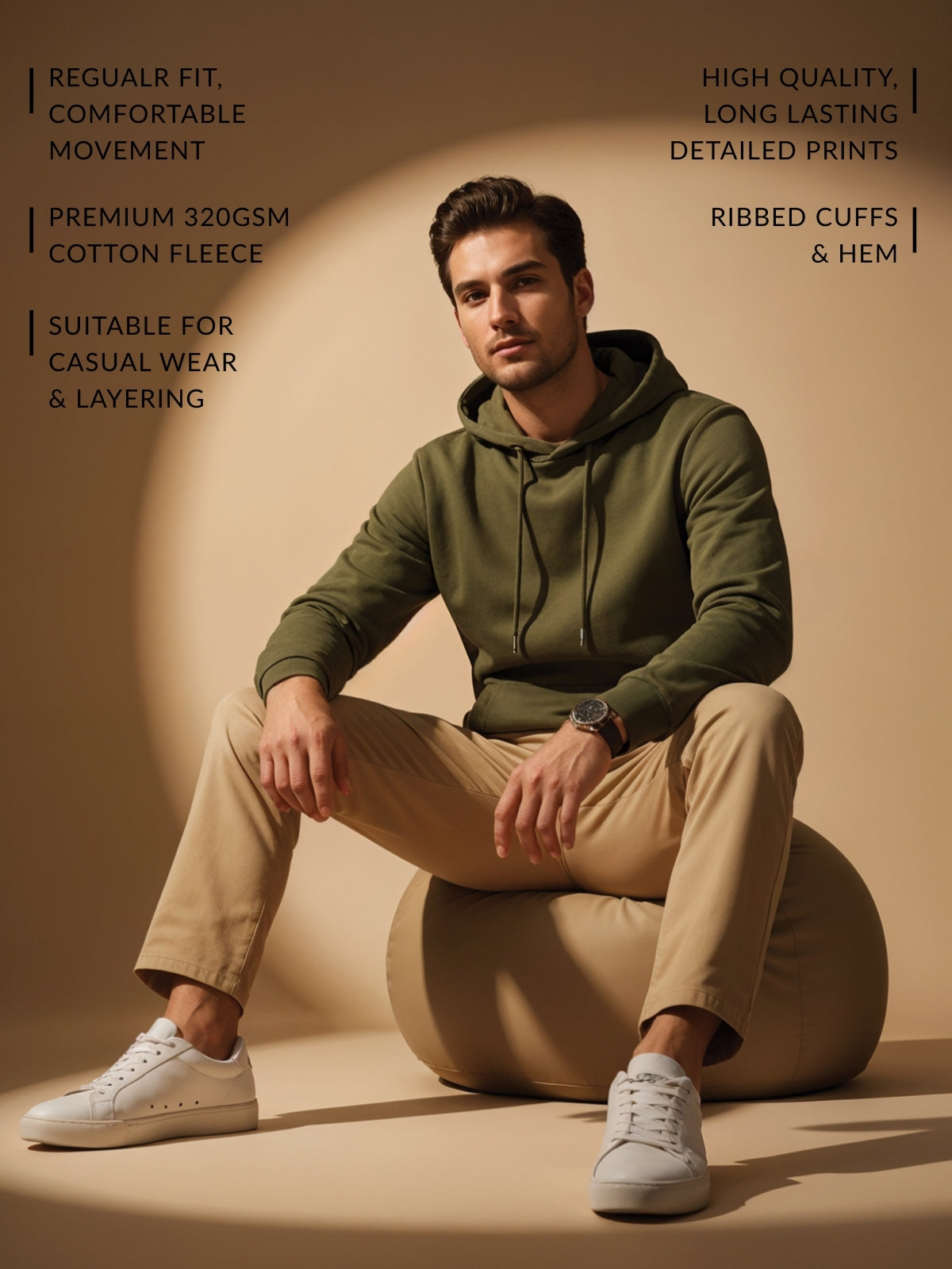 Men Olive Cotton Fleece Printed Hoodie