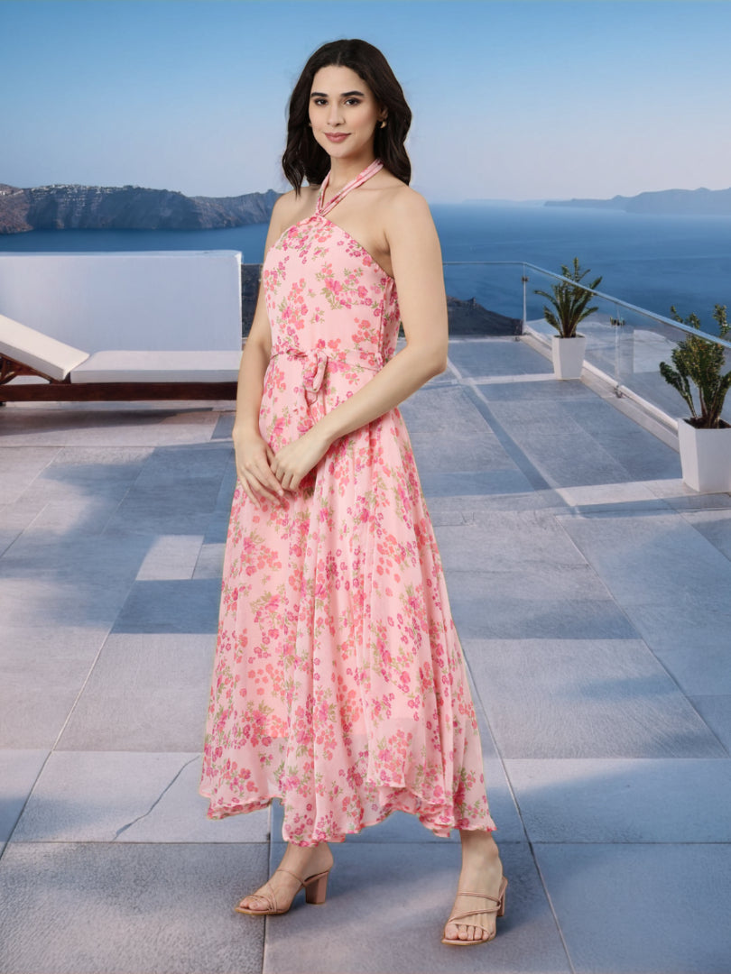 Women Pink Floral Chiffon Dress