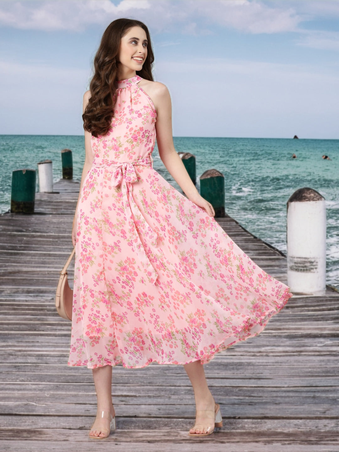 Women Pink Floral Chiffon Dress