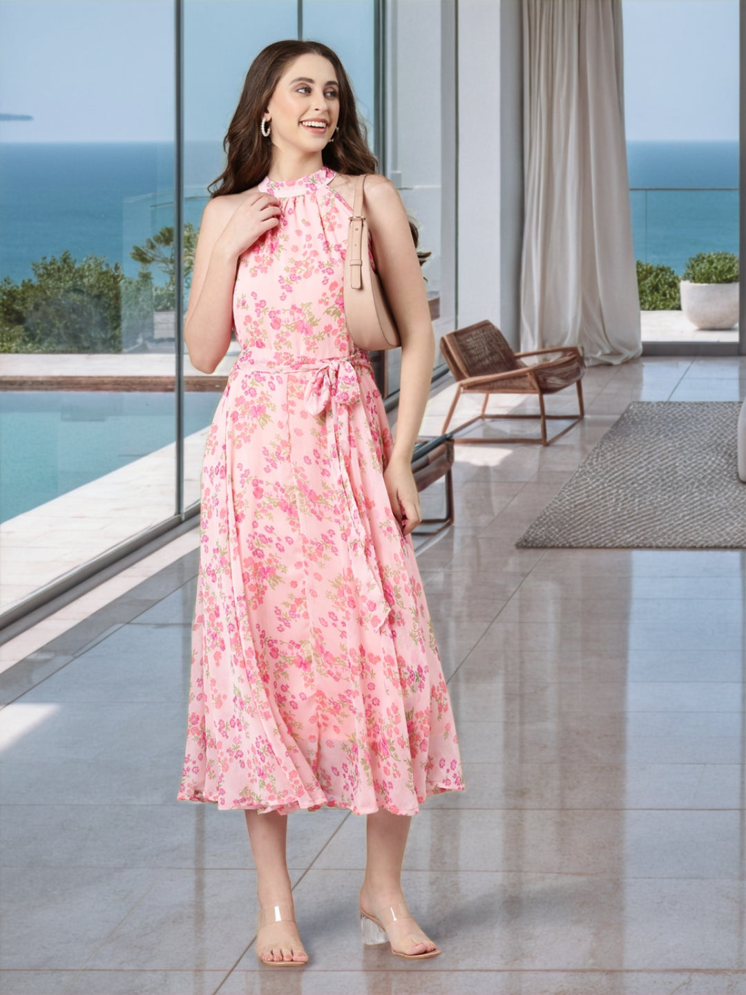 Women Pink Floral Chiffon Dress