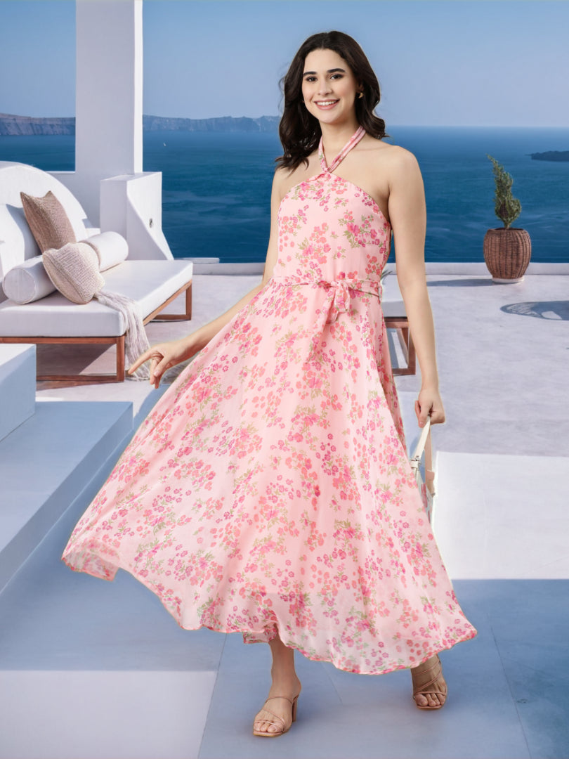 Women Pink Floral Chiffon Dress