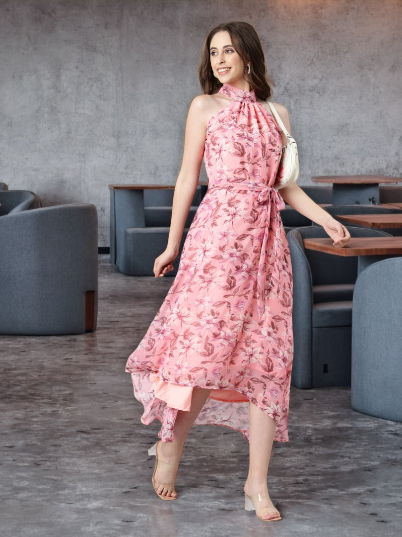 Women Peach Floral Chiffon Dress