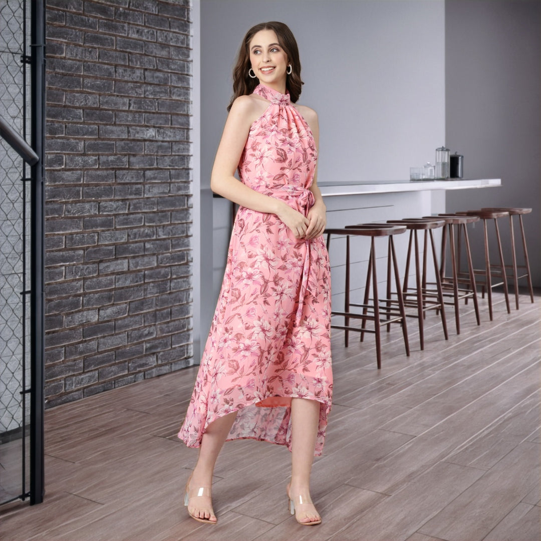 Women Peach Floral Chiffon Dress