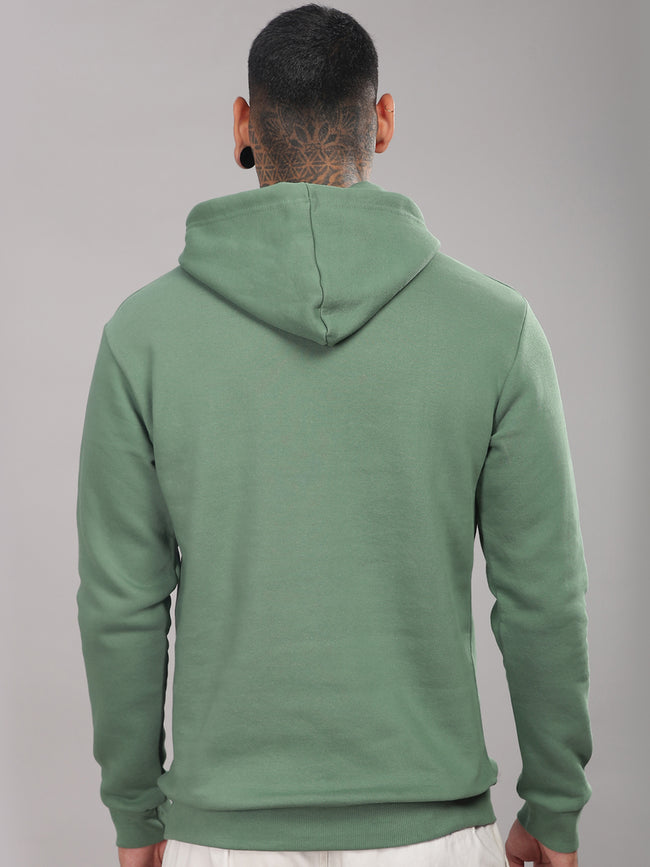 Men Green Cotton Fleece Printed Hoodie