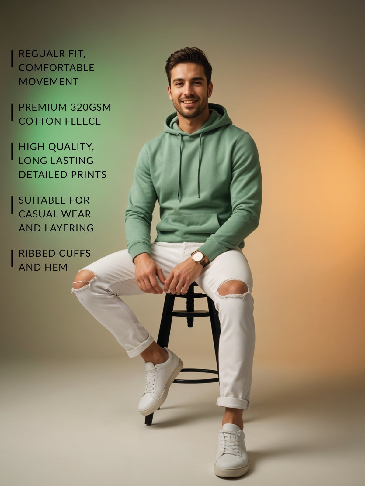 Men Green Cotton Fleece Printed Hoodie
