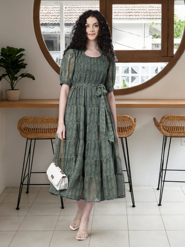 Women Green Floral Chiffon Dress