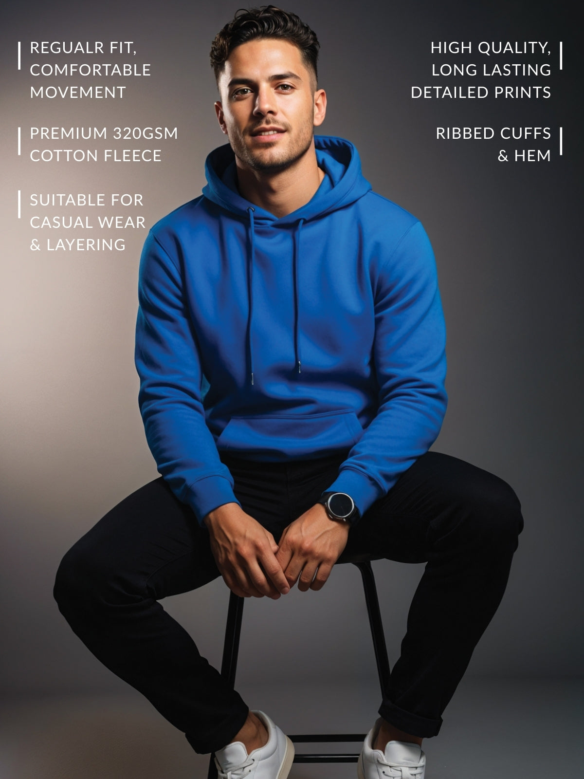 Men Blue Cotton Fleece Printed Hoodie