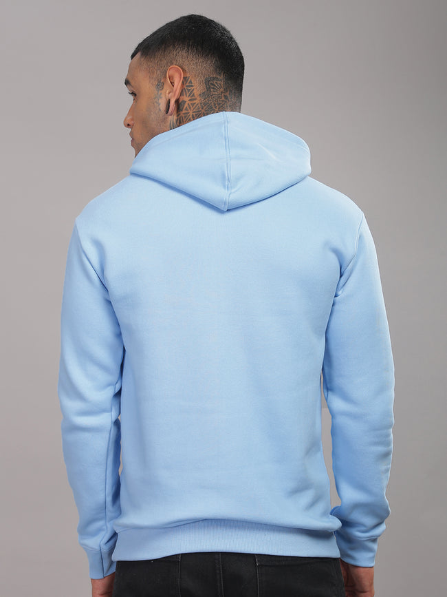 Men Blue Cotton Fleece Printed Hoodie