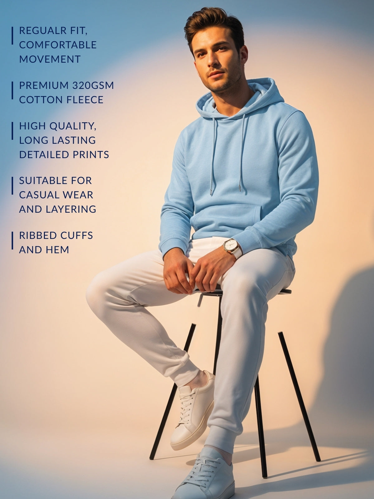 Men Blue Cotton Fleece Printed Hoodie
