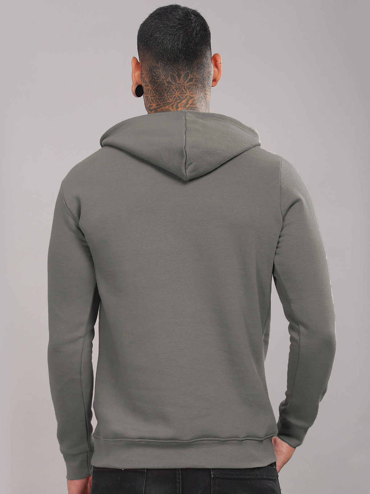 Men Grey Cotton Fleece Printed Hoodie