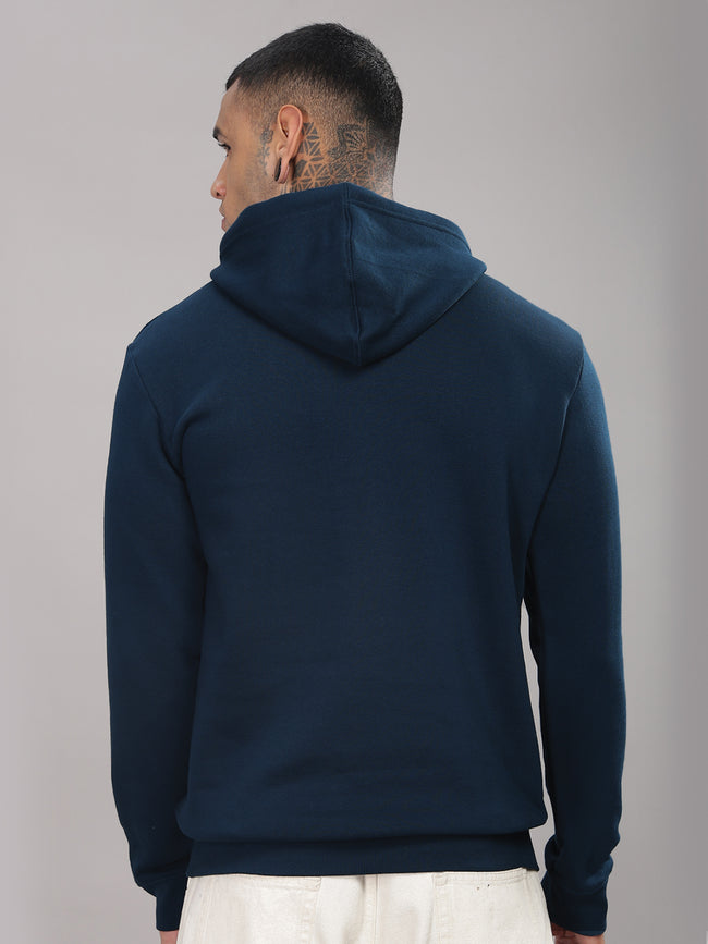Men Teal Cotton Fleece Printed Hoodie