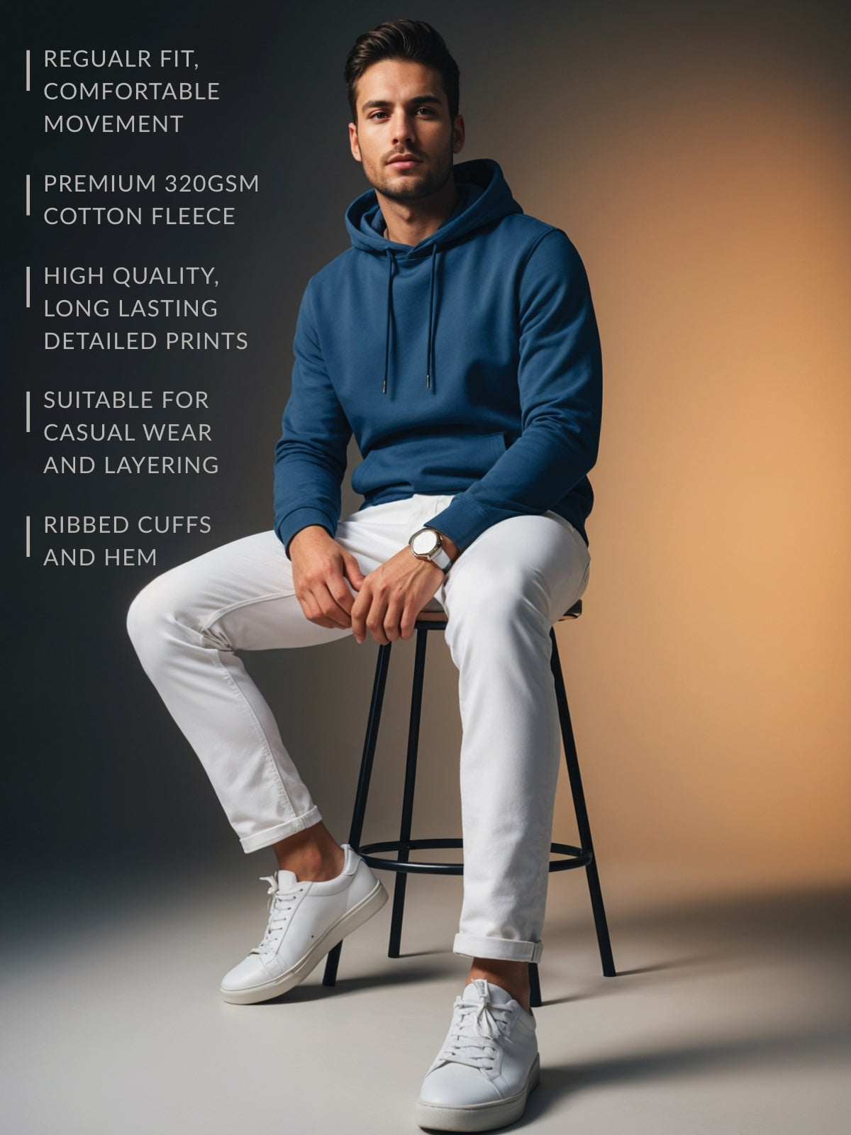Men Teal Cotton Fleece Hoodie