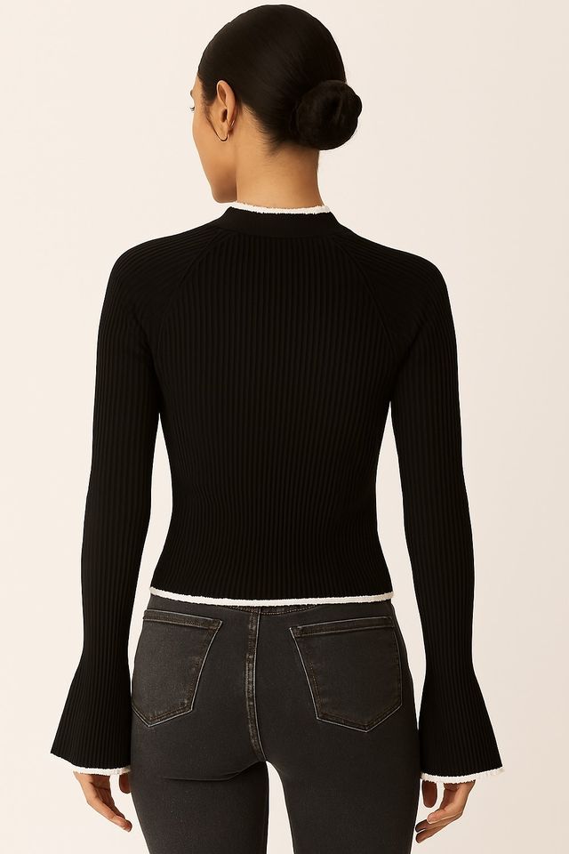 Women Black Ribbed Stretchable Sweater