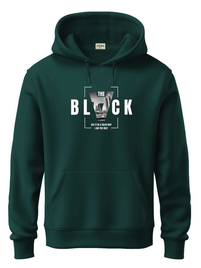 Men Green Cotton Fleece Printed Hoodie