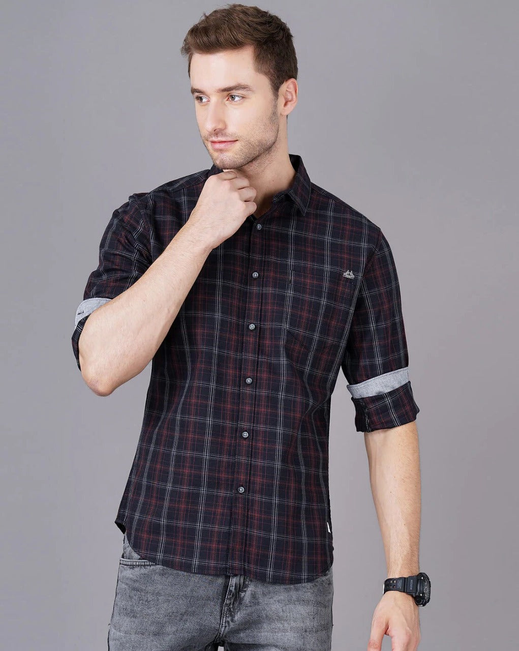 Men Black Cotton Slim Shirt