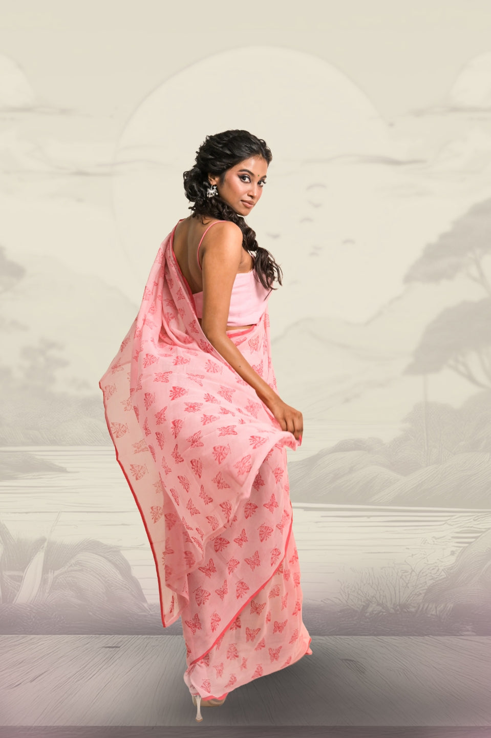 Winx Club Baby Pink Handloom Mul Cotton Saree with Handblock-Printed Butterfly Motifs