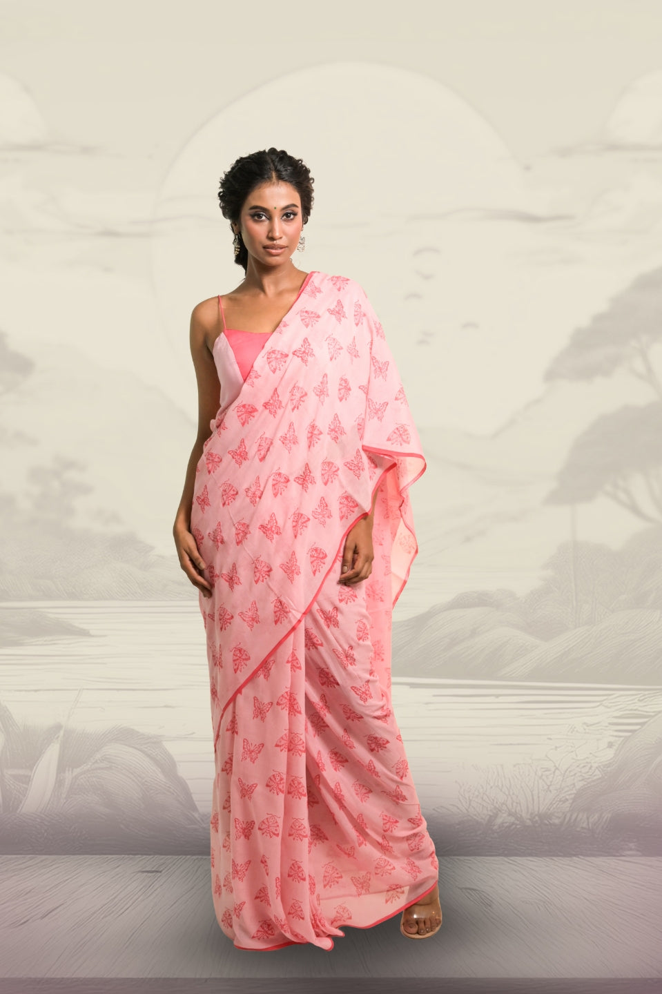 Winx Club Baby Pink Handloom Mul Cotton Saree with Handblock-Printed Butterfly Motifs