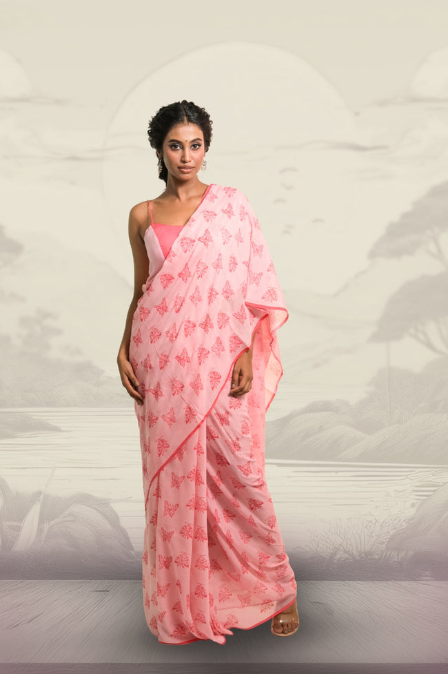 Winx Club Baby Pink Handloom Mul Cotton Saree with Handblock-Printed Butterfly Motifs