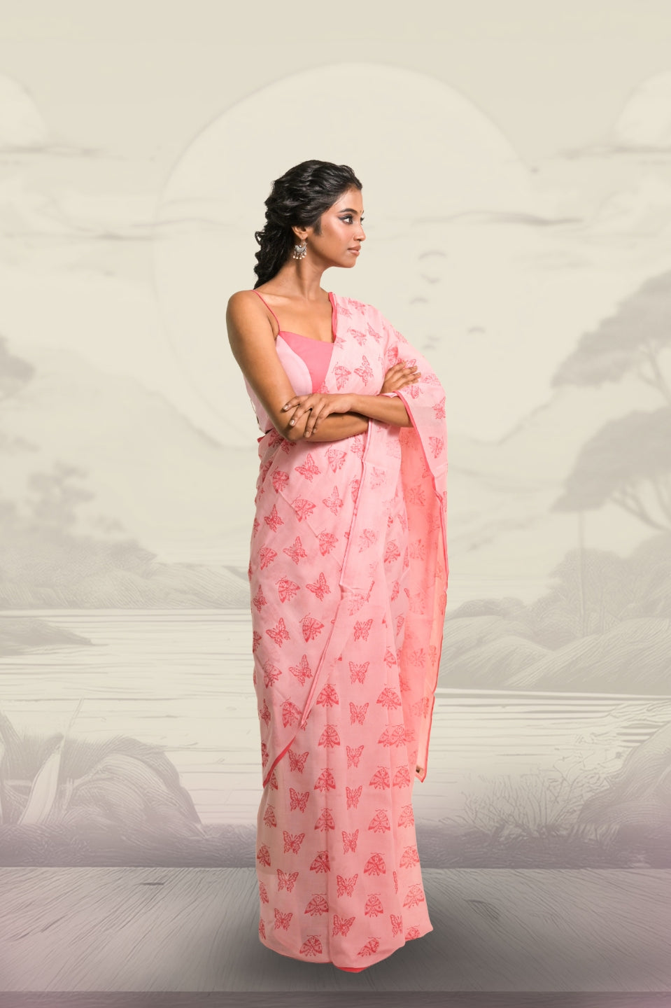 Winx Club Baby Pink Handloom Mul Cotton Saree with Handblock-Printed Butterfly Motifs