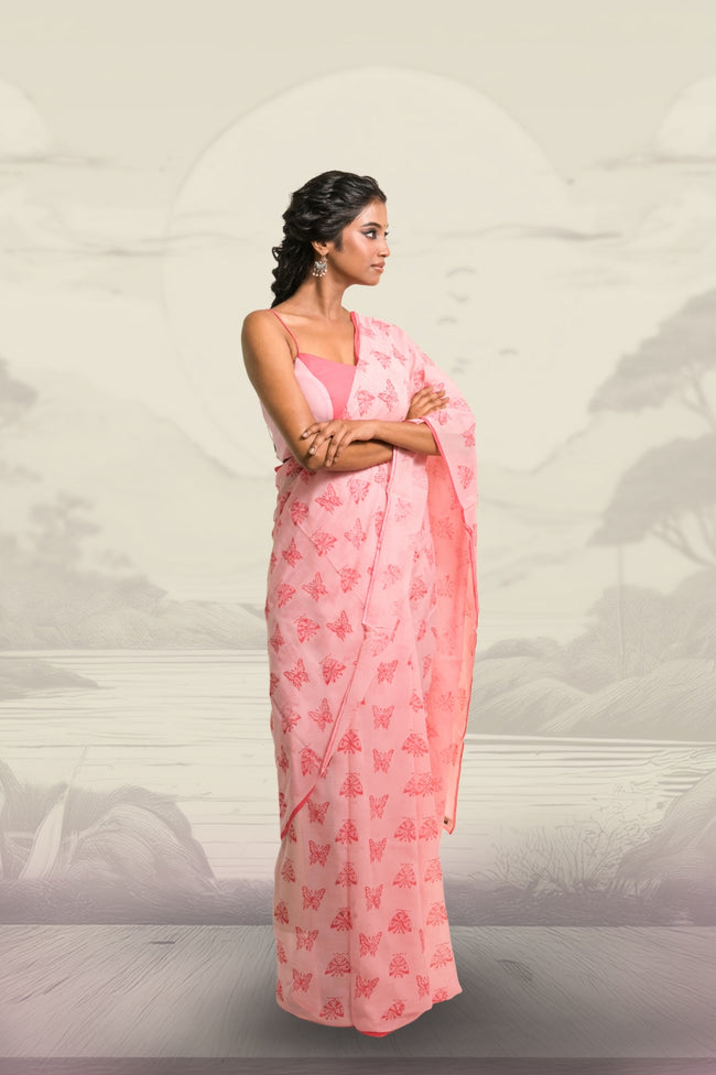 Winx Club Baby Pink Handloom Mul Cotton Saree with Handblock-Printed Butterfly Motifs
