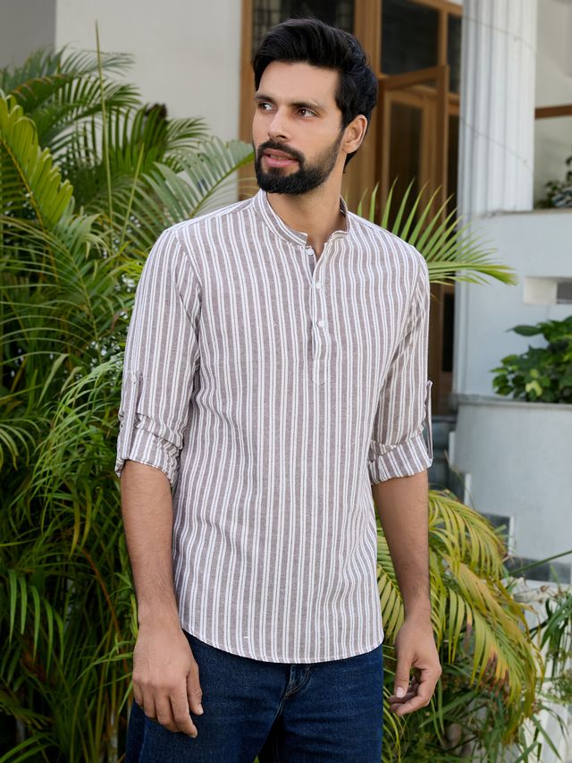 Men Brown Woven Striped Cotton Short Kurta