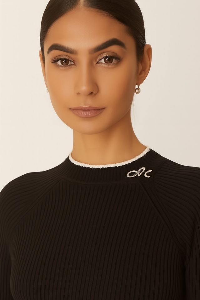 Women Black Ribbed Stretchable Sweater