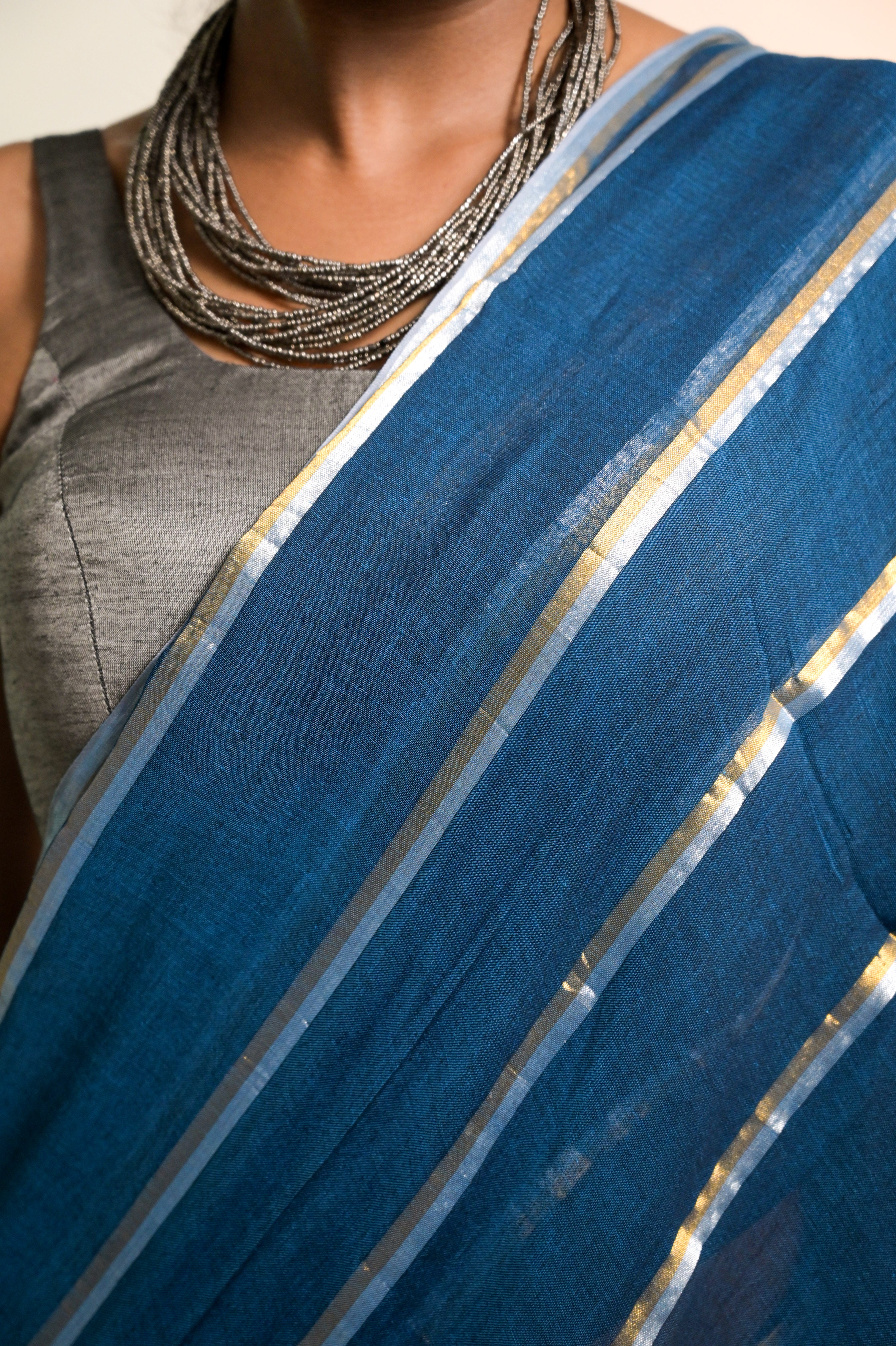 Yashini Blue Handloom Mul Cotton Saree with Zari Stripes
