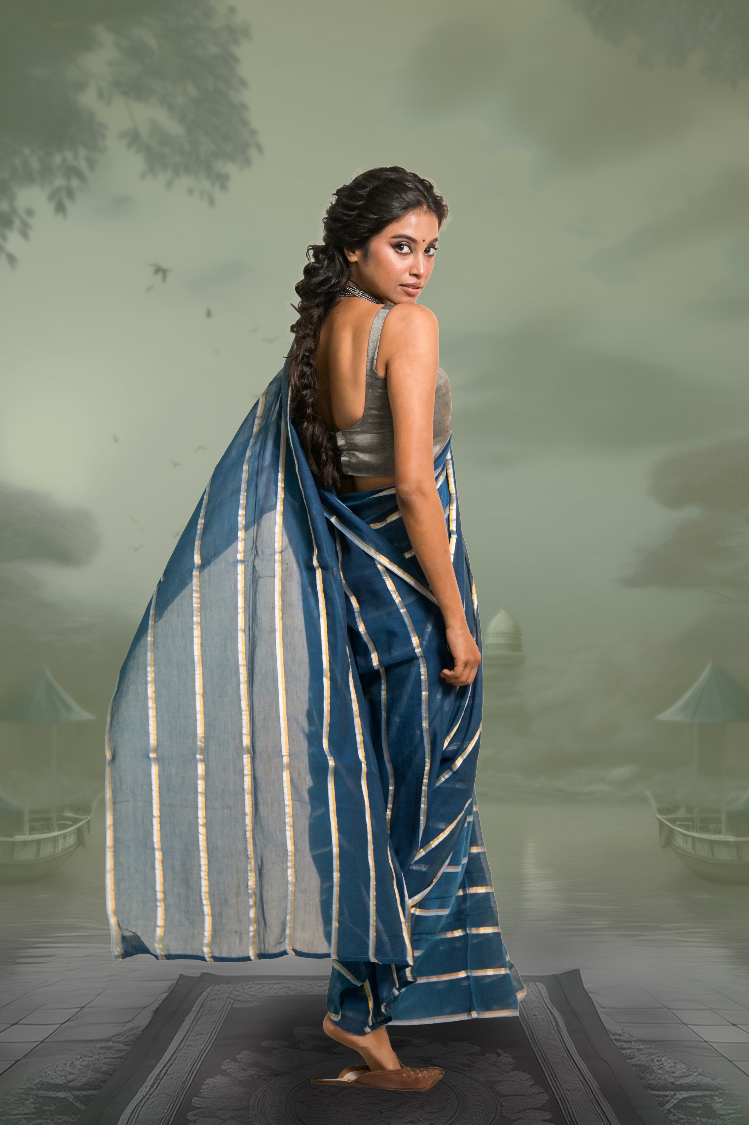 Yashini Blue Handloom Mul Cotton Saree with Zari Stripes