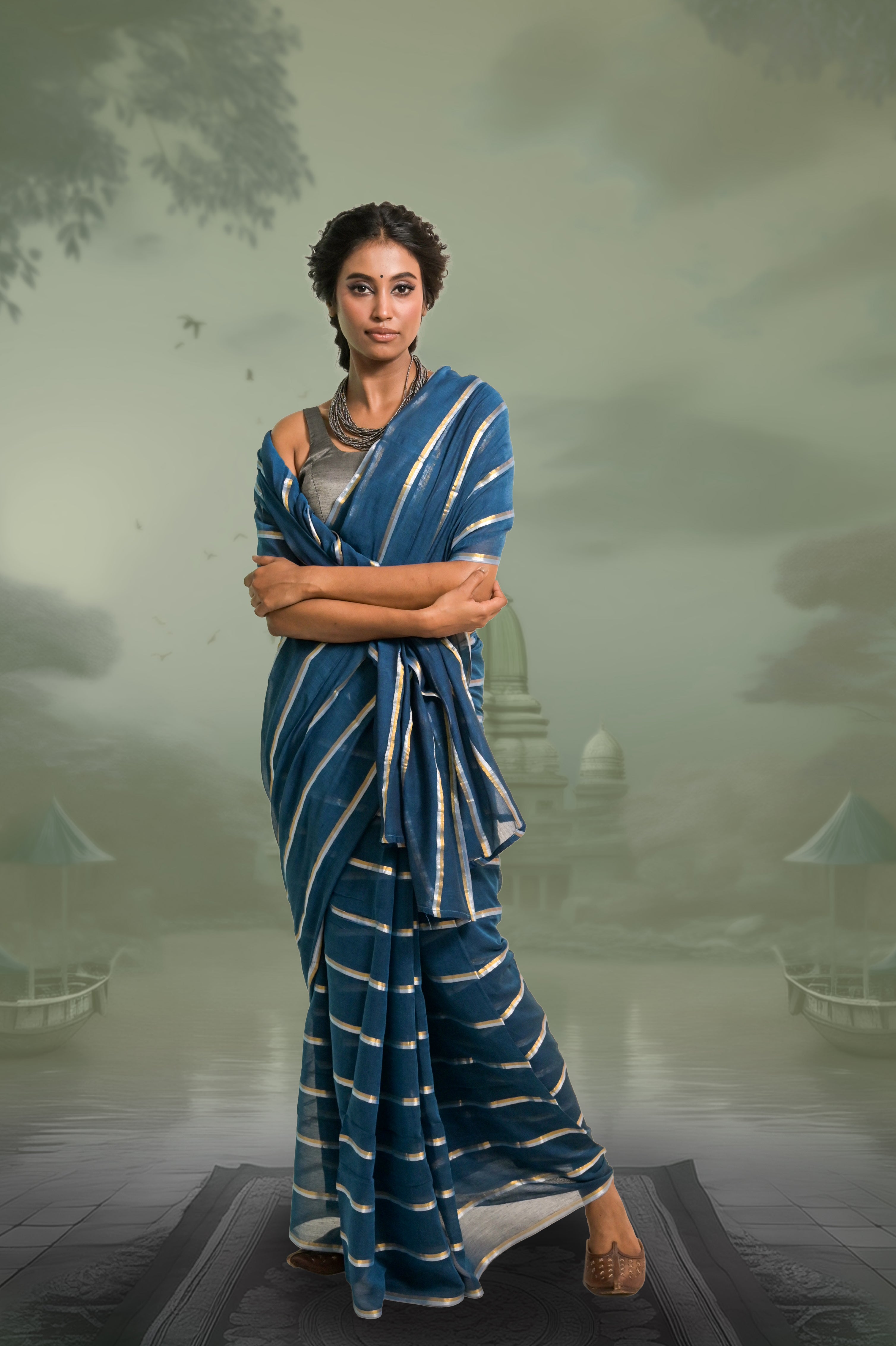 Yashini Blue Handloom Mul Cotton Saree with Zari Stripes