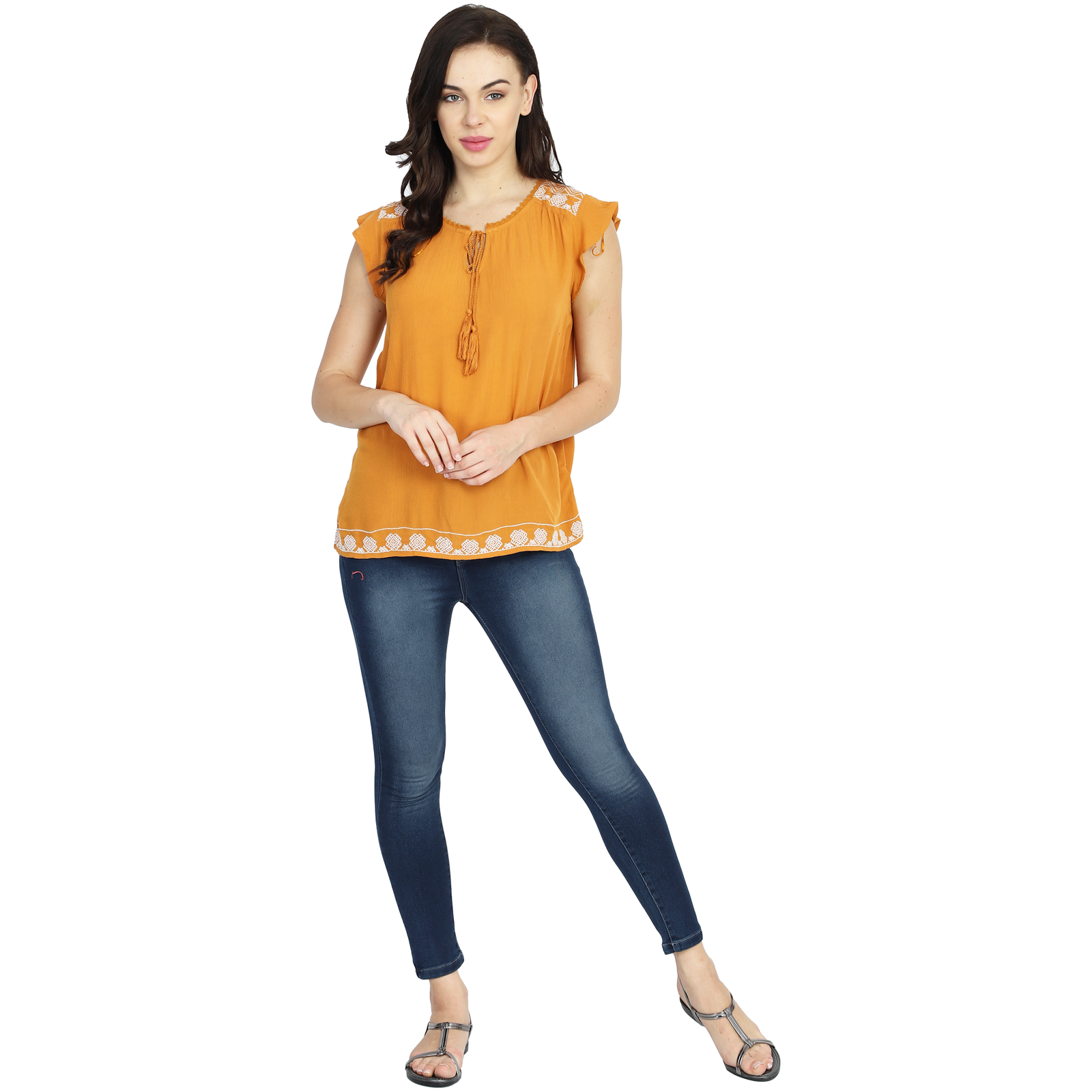 Women Mustard Embroidered Top