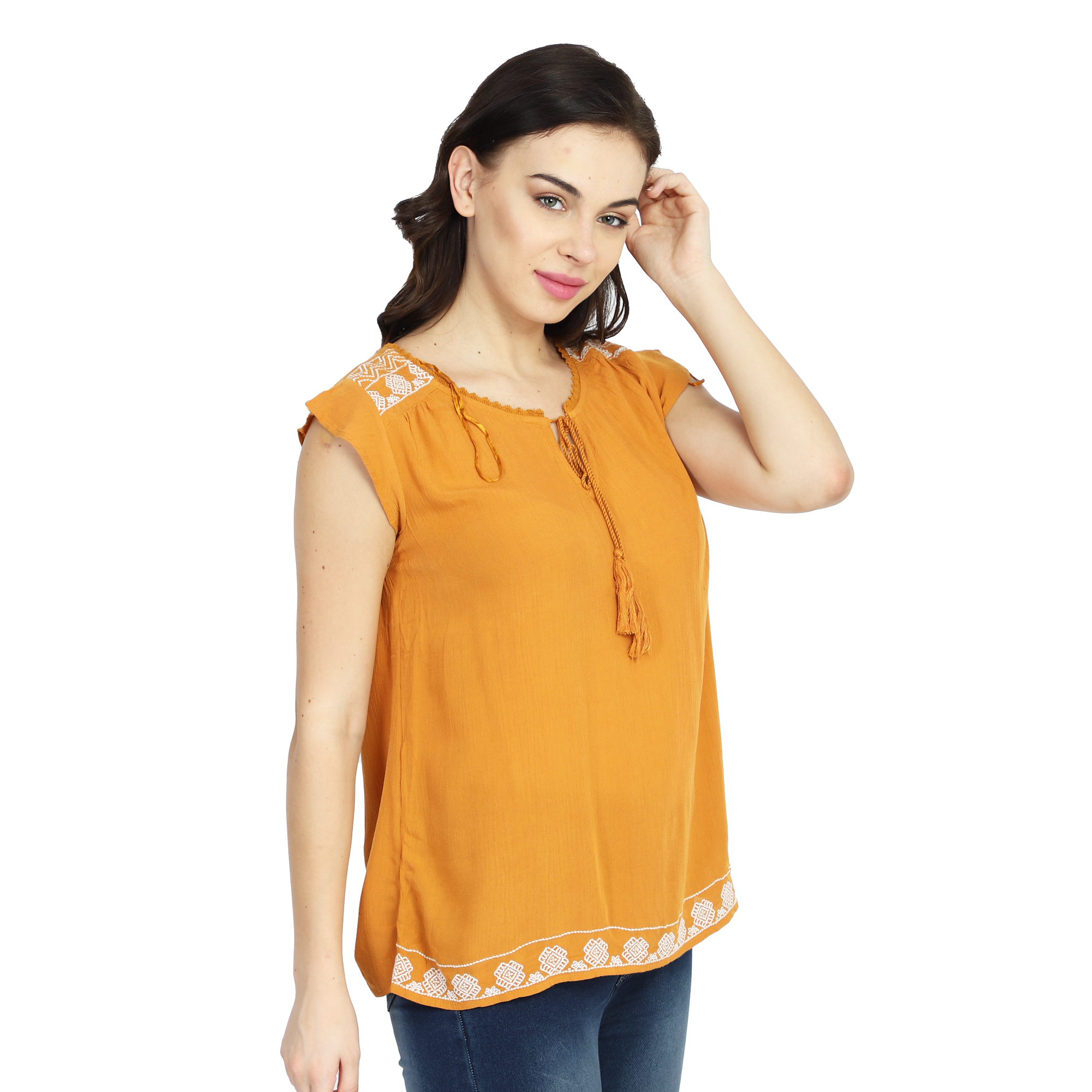 Women Mustard Embroidered Top