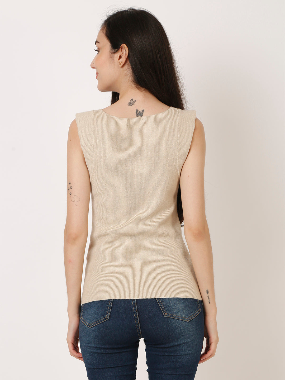Women Beige Ribbed Top