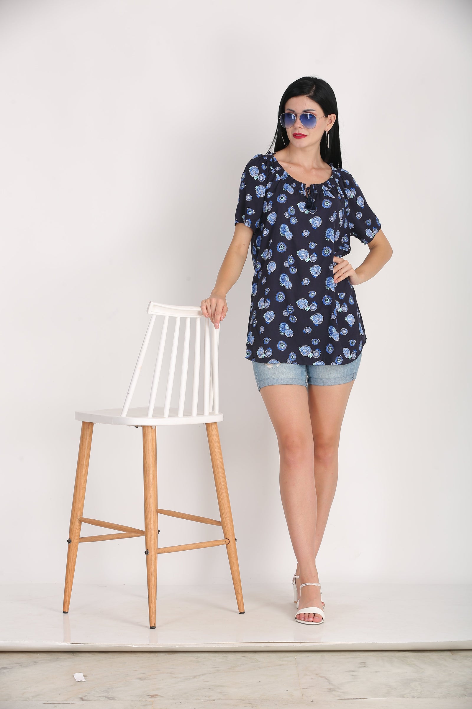 Women Blue Printed Summer Top