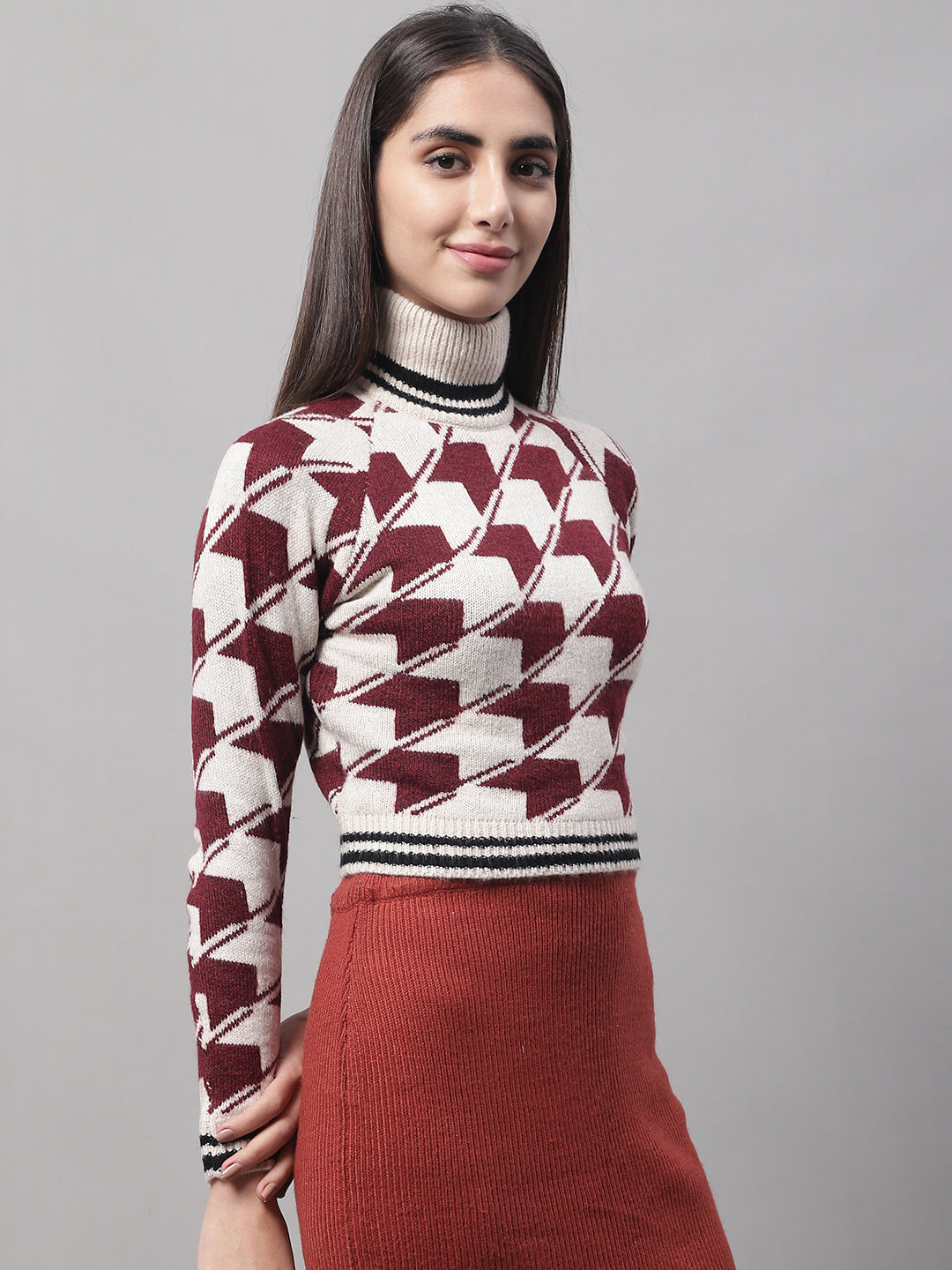 Women Red High Neck Sweater