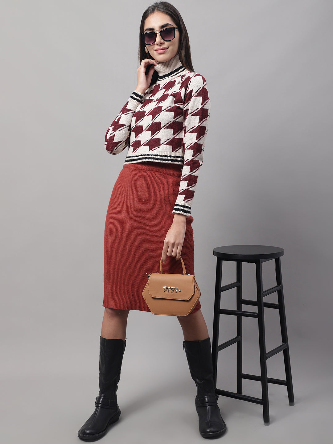 Women Red High Neck Sweater