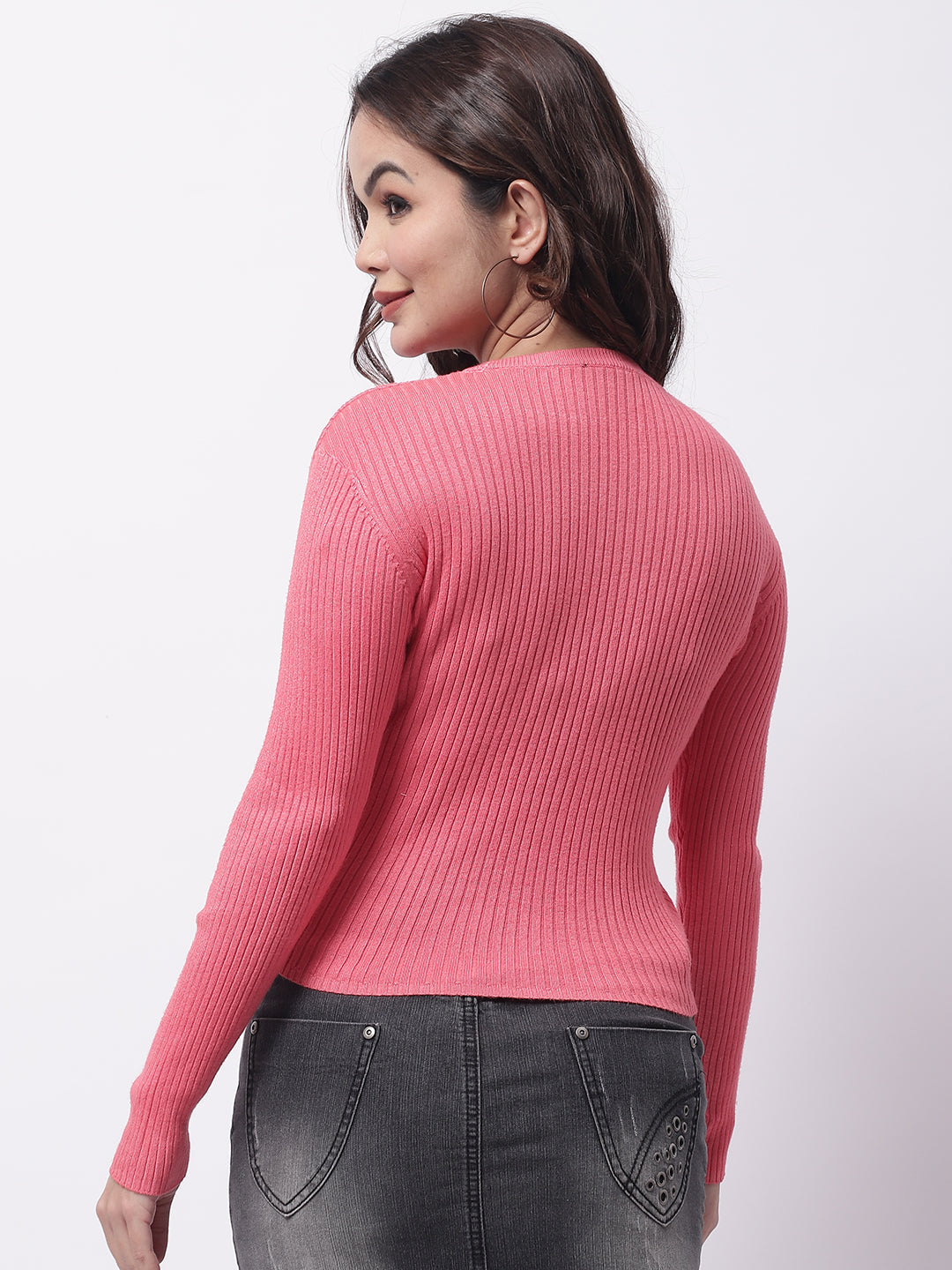 Women Pink Ribbed Top