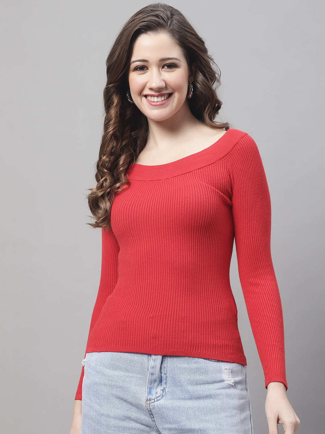 Women Red Boat Neck Top