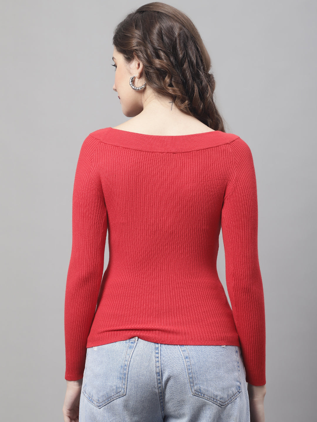 Women Red Boat Neck Top