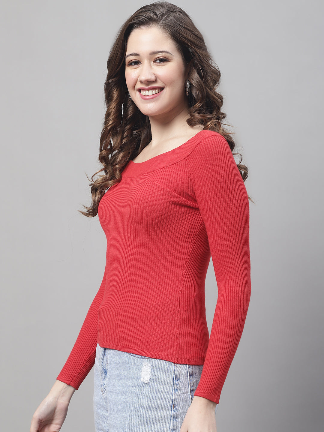 Women Red Boat Neck Top