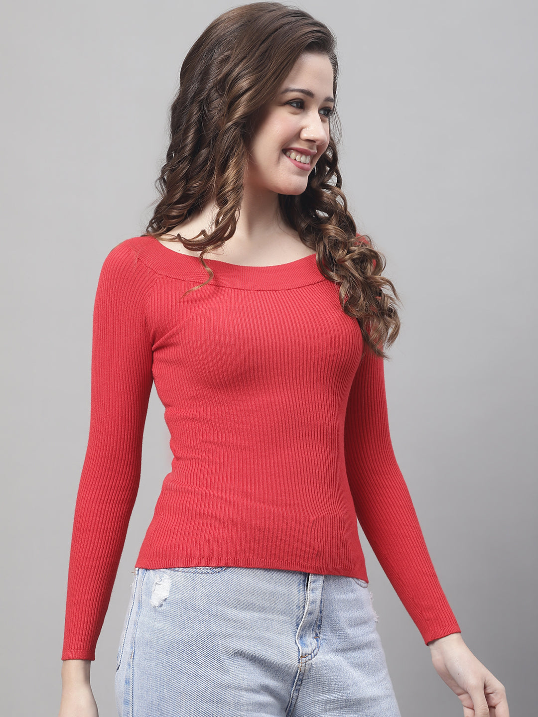 Women Red Boat Neck Top