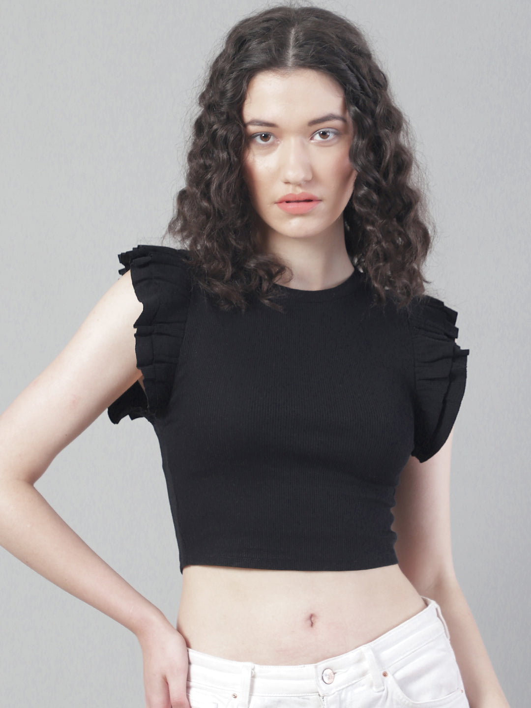 Women Black Frilled Crop Top