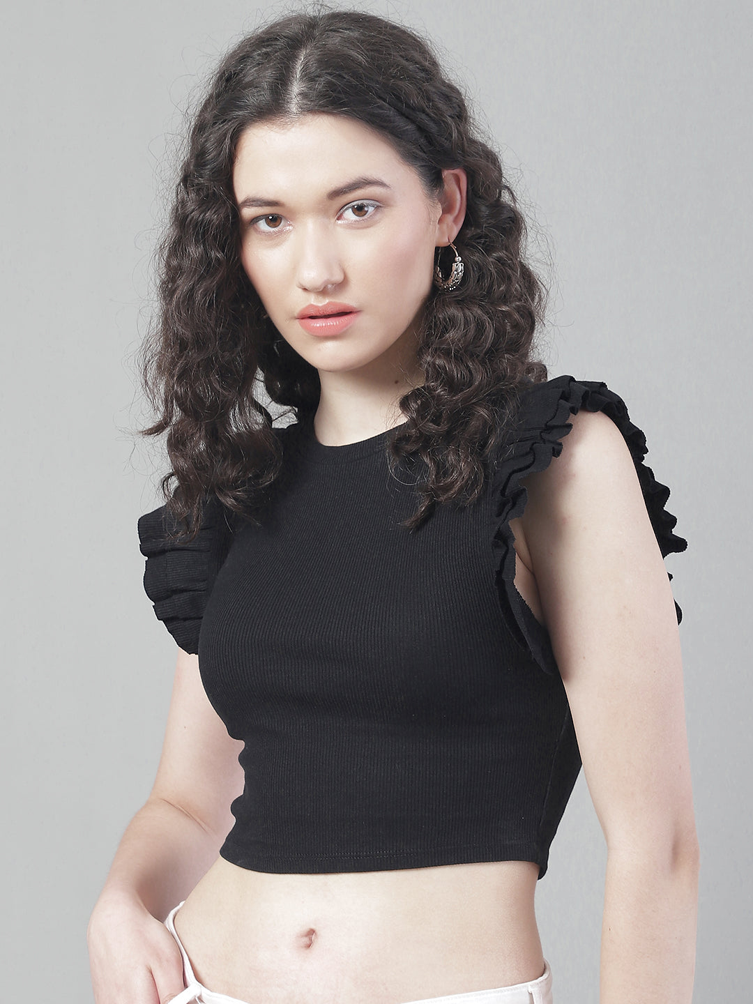 Women Black Frilled Crop Top