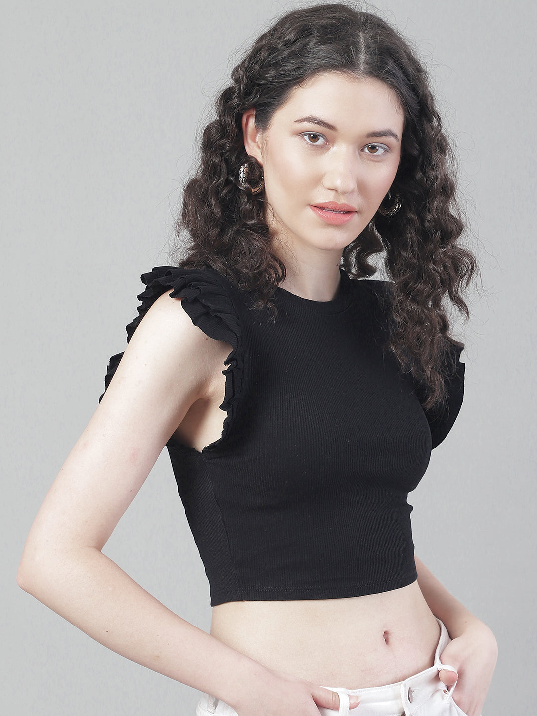 Women Black Frilled Crop Top