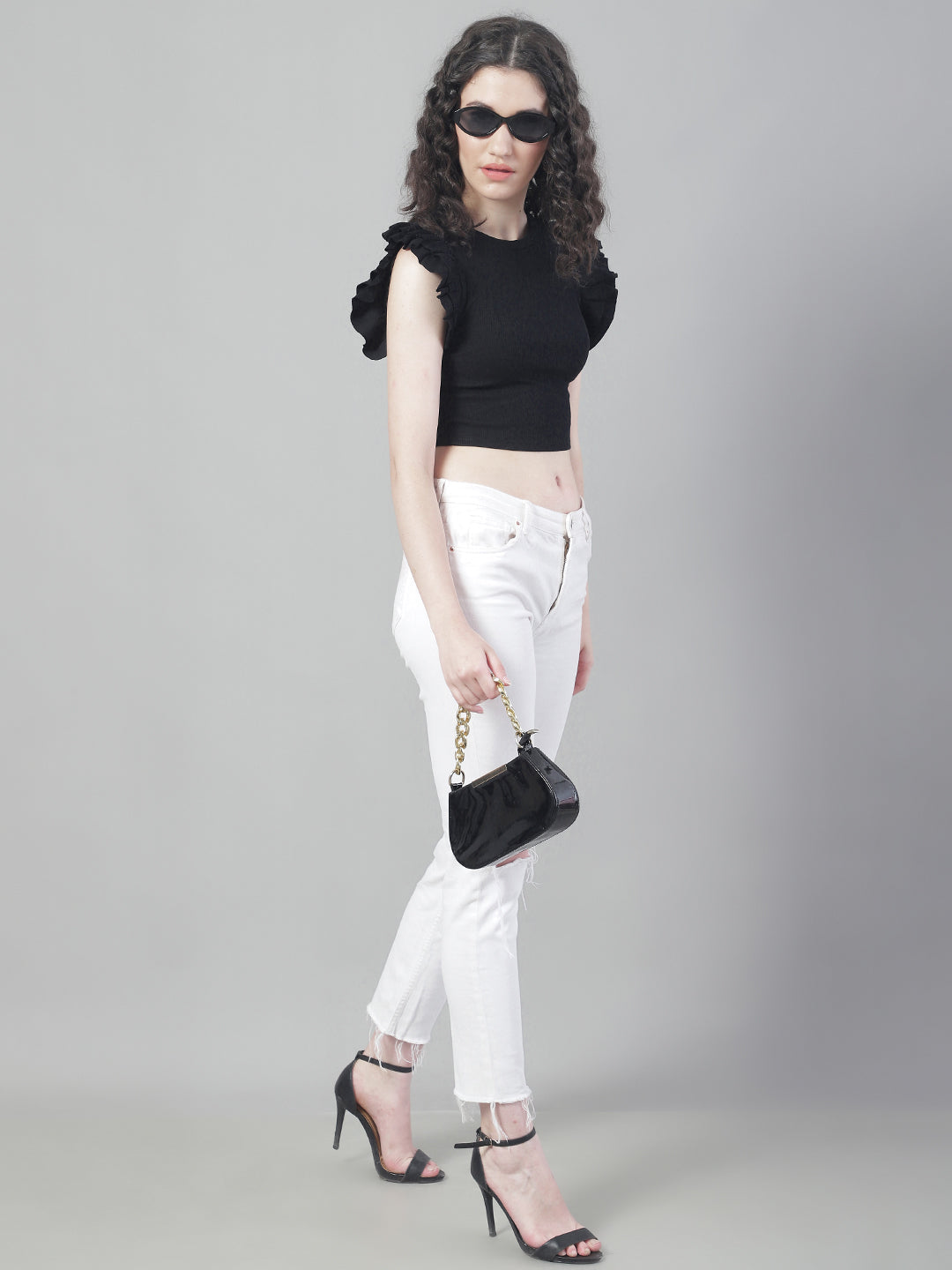 Women Black Frilled Crop Top