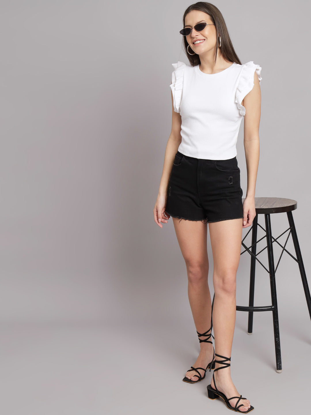 Women White Frilled Crop Top