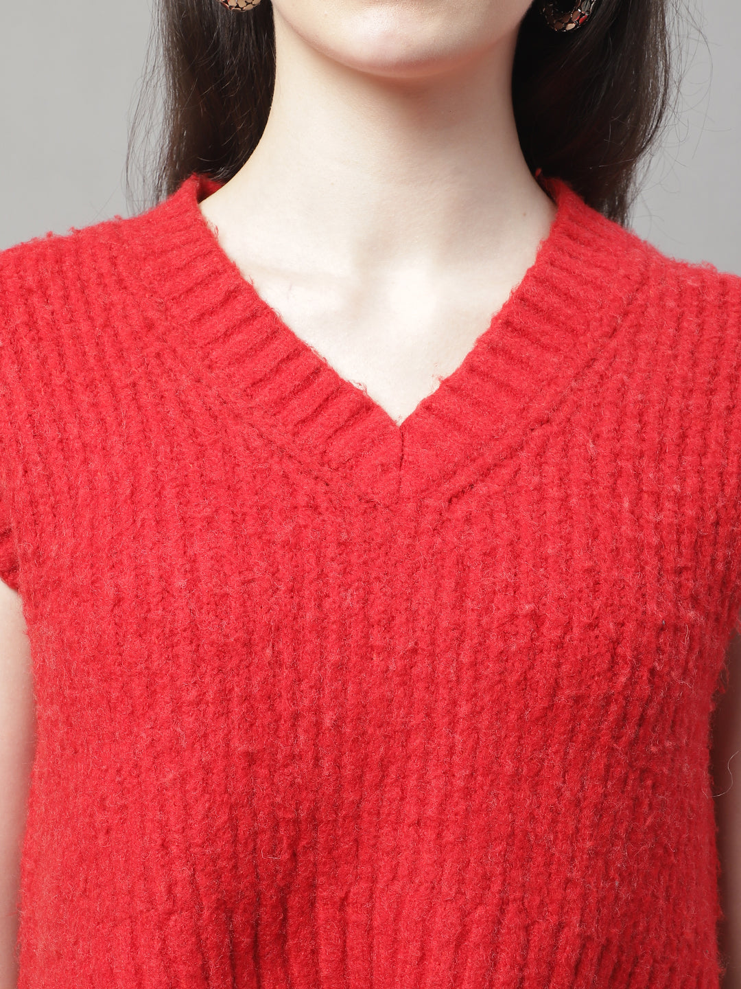 Women Red V Neck Sweater