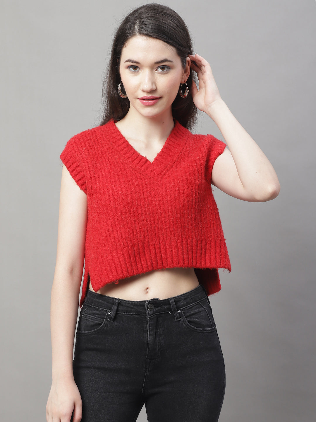 Women Red V Neck Sweater