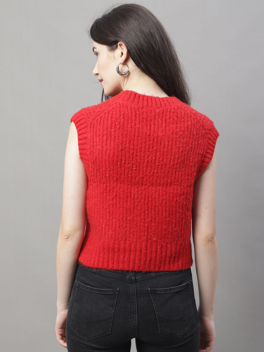 Women Red V Neck Sweater