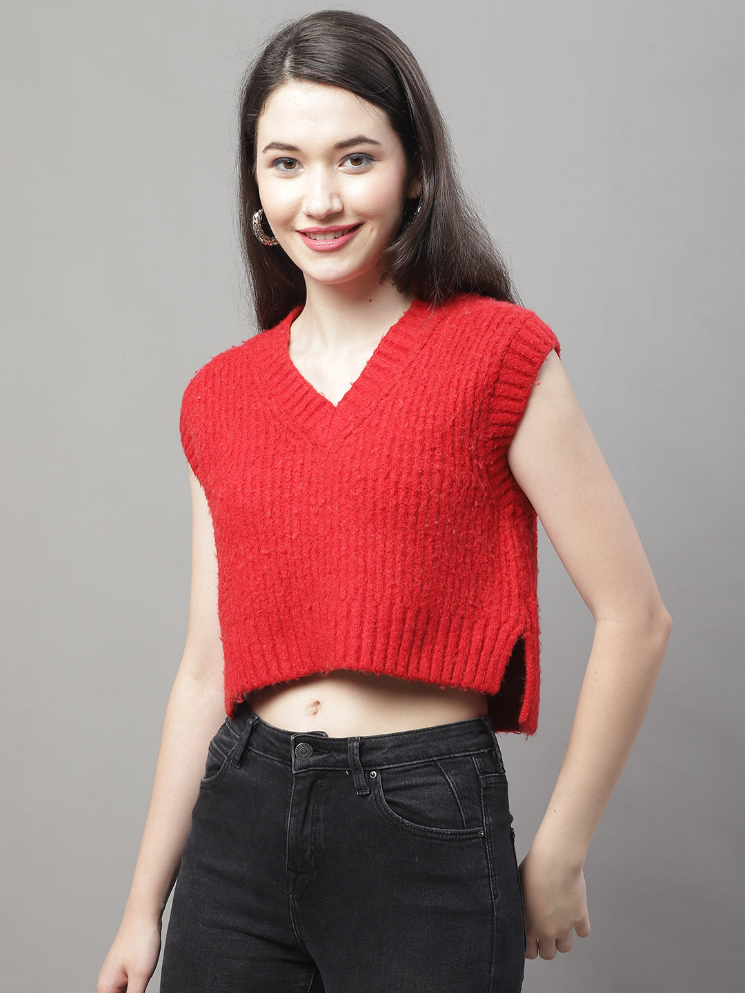 Women Red V Neck Sweater